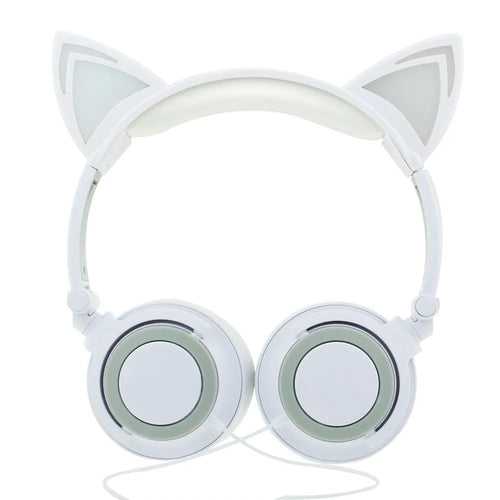 Colourful cat ear headphones with illuminated LED lights on the ears and ear cushions