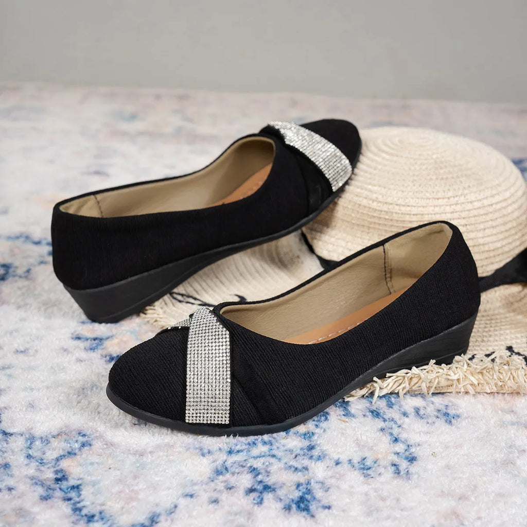 Black women's casual slip-on shoes with rhinestone detailing and chunky heels
