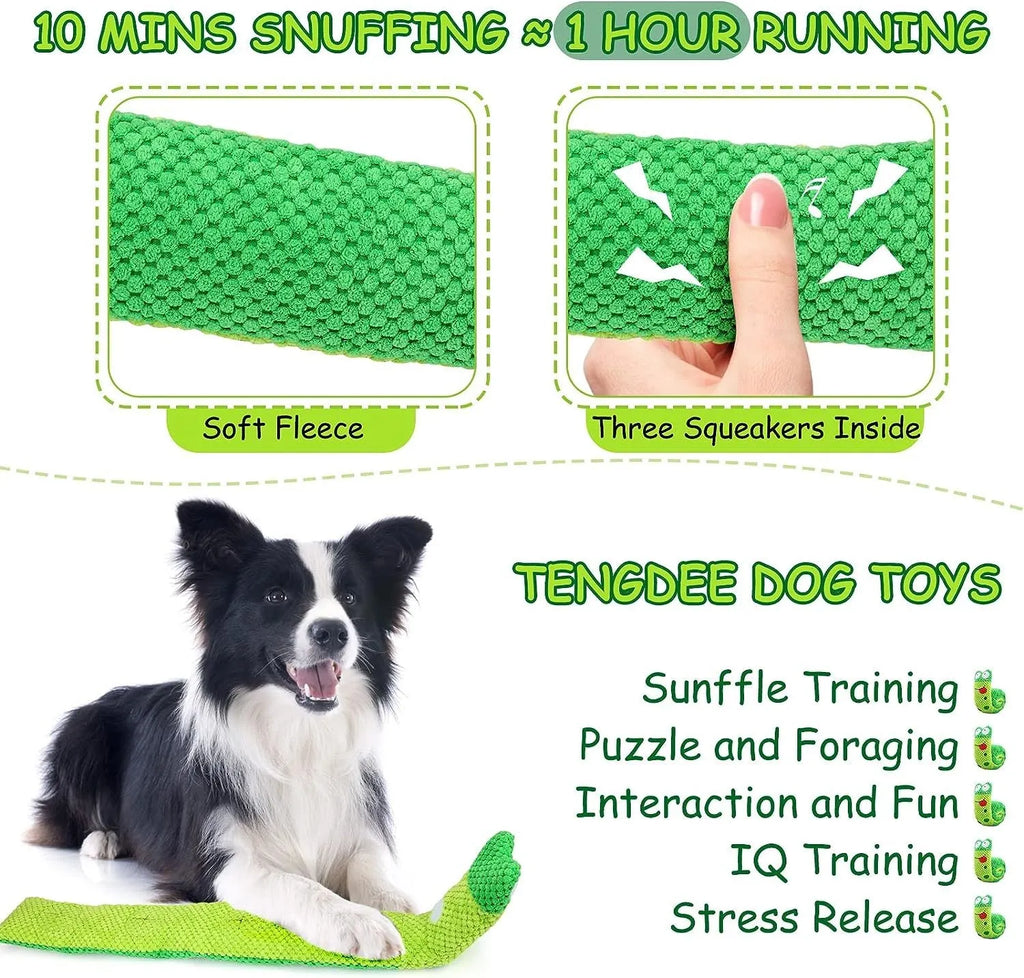 Reversible velvet dog toy shaped like a snail or stick with hidden food holes for foraging training.