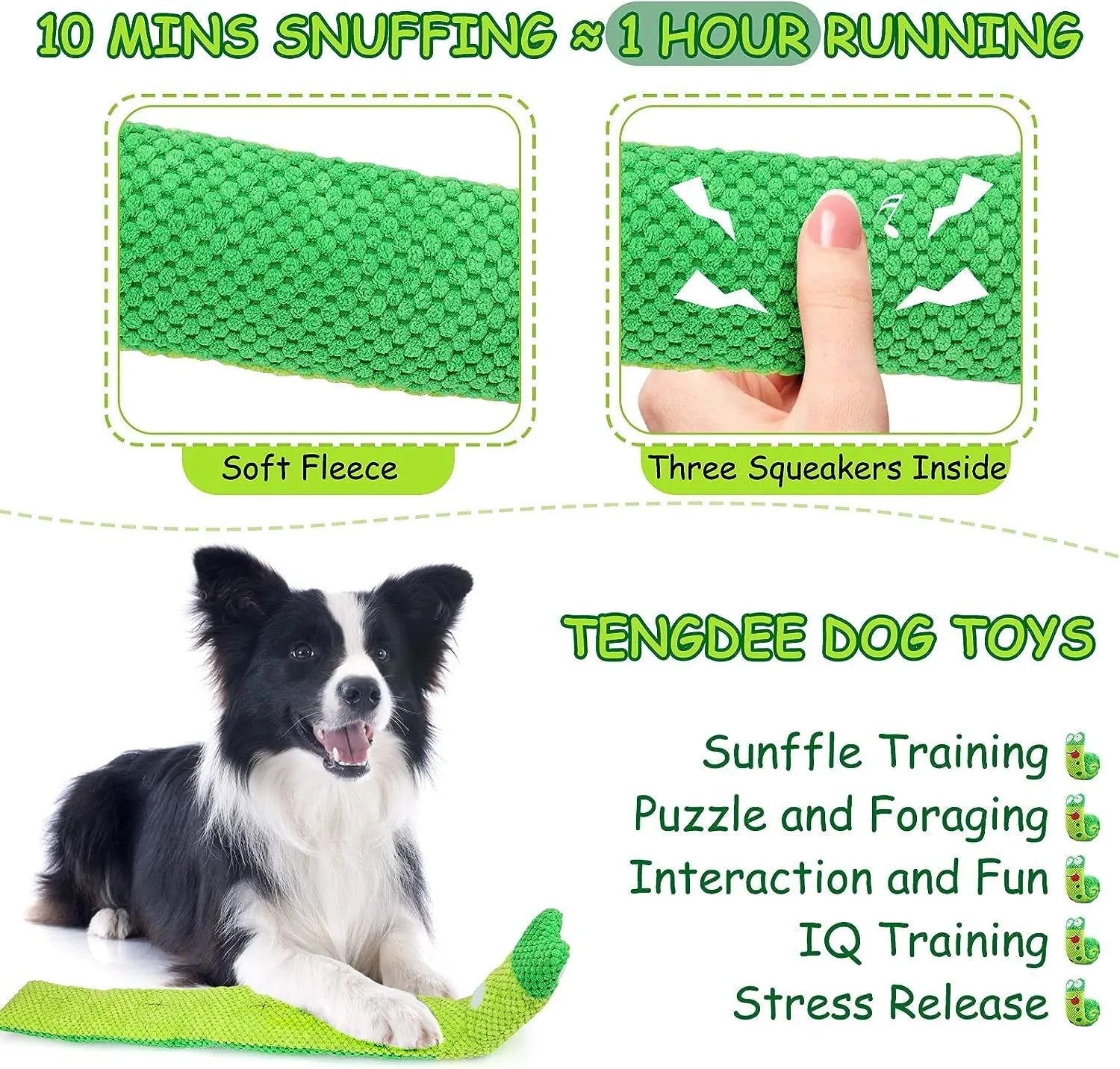 Reversible velvet dog toy shaped like a snail or stick with hidden food holes for foraging training.