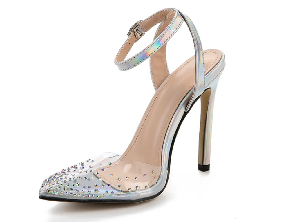 Women's pointed toe diamond sandals with stiletto heels on a white background.