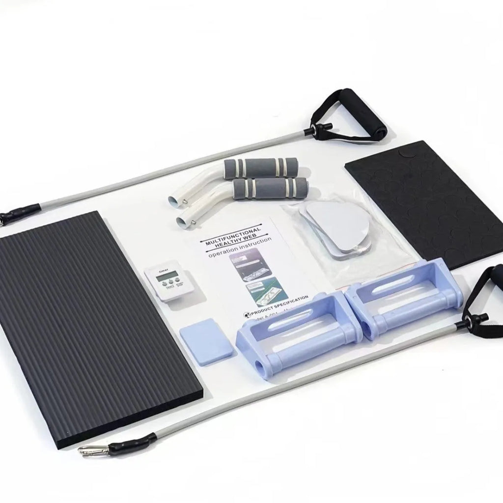 Purple foldable plastic belly panel fitness board on a wood floor.