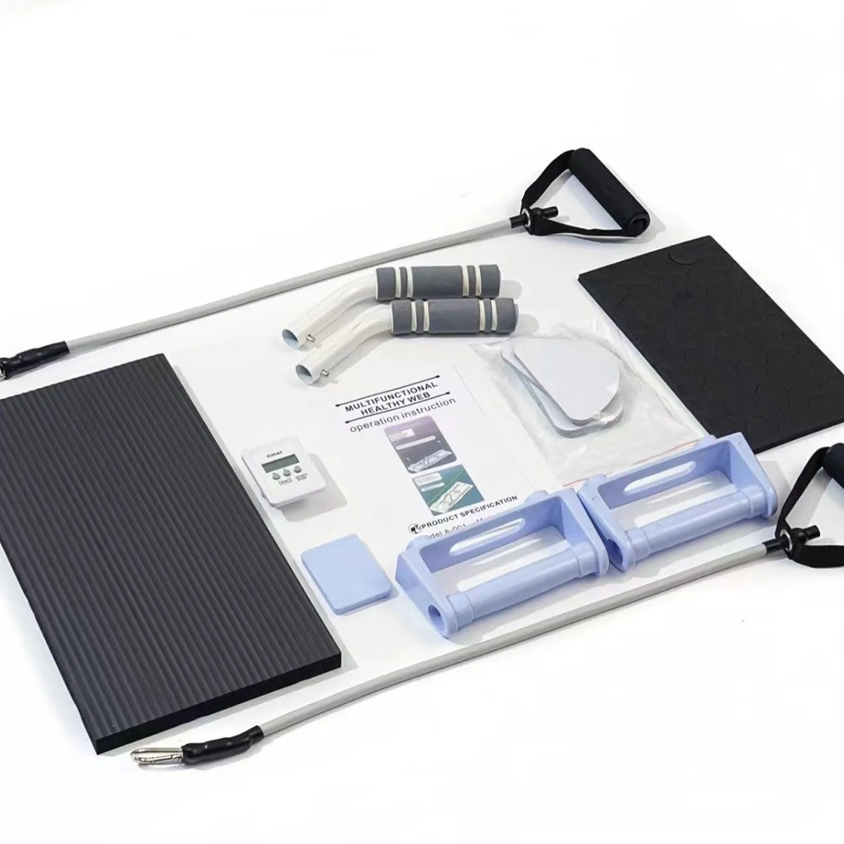 Purple foldable plastic belly panel fitness board on a wood floor.