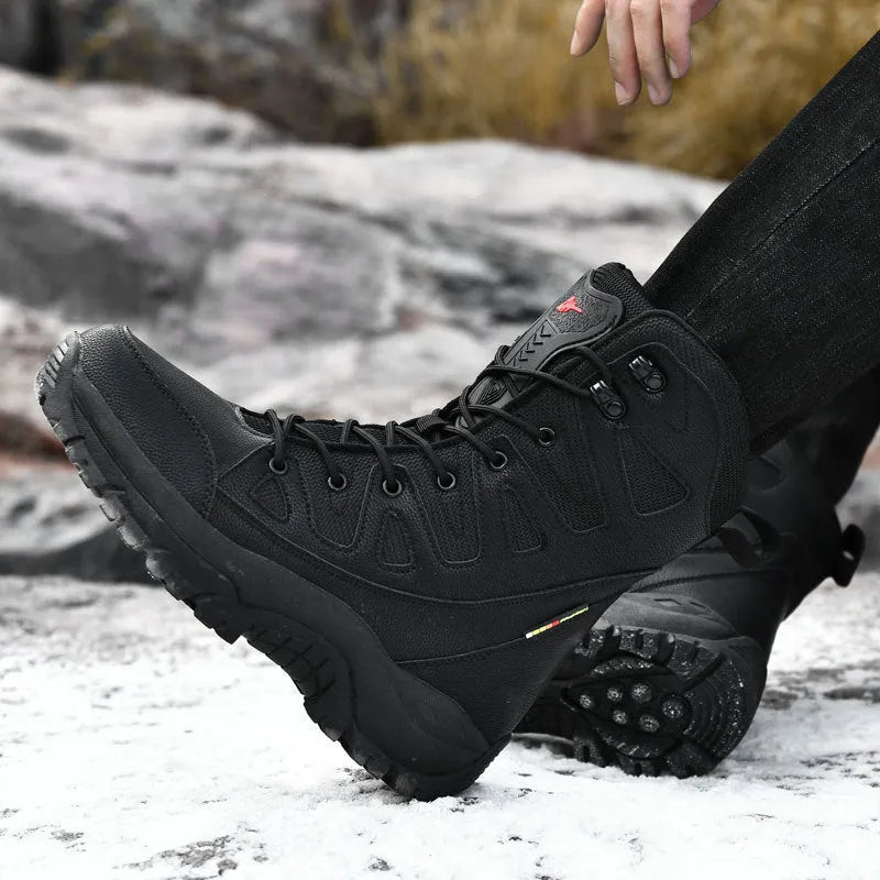 Cowhide leather hi-top hiking shoes in beige, black, and brown colours with platform soles