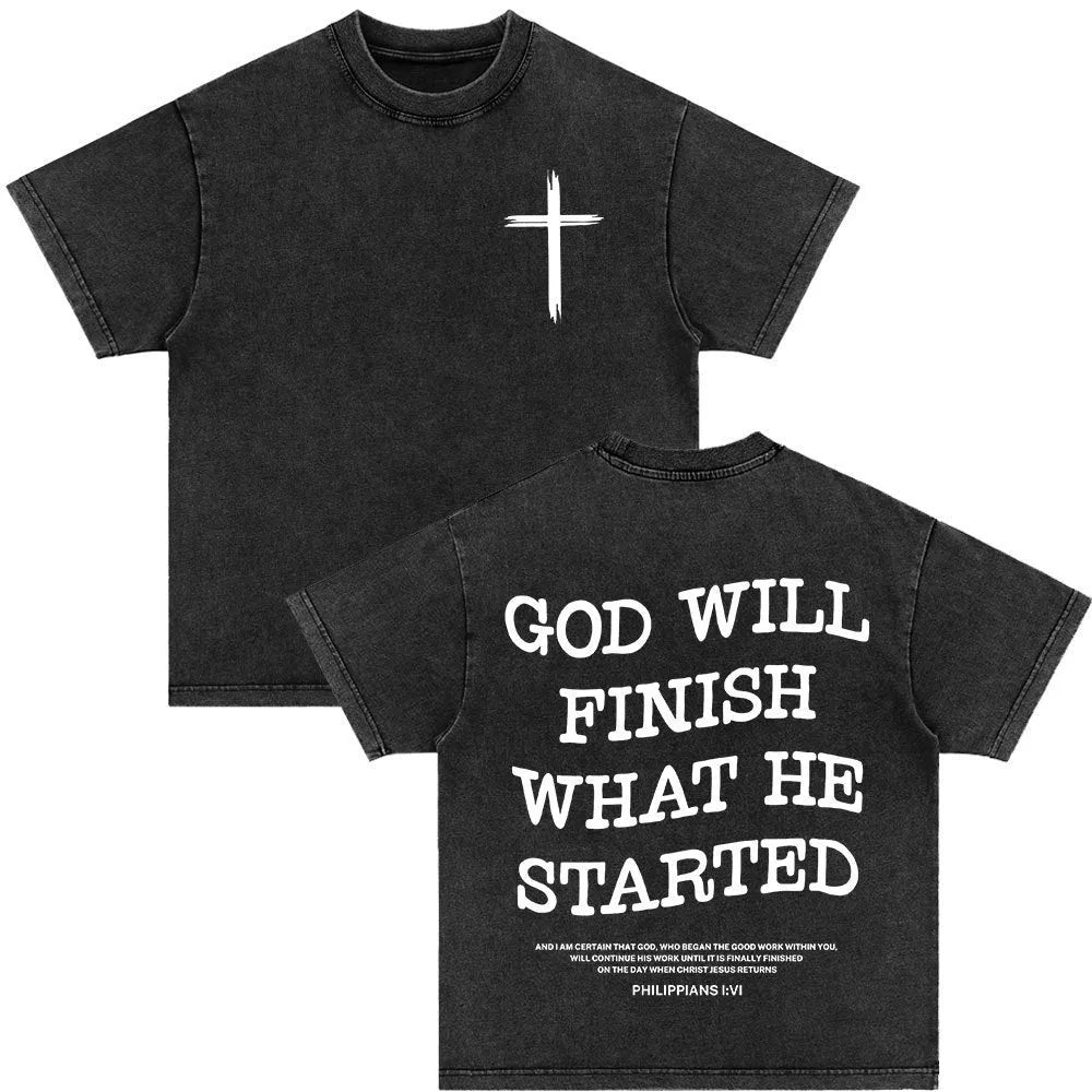 Men's cotton pullover t-shirt with retro washed Bible verse letter print in black