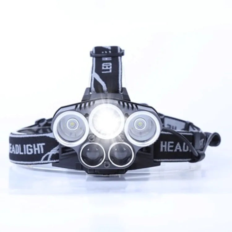 Fixed focus long-range outdoor camping headlamp with head-mounted LED light and push button switch.