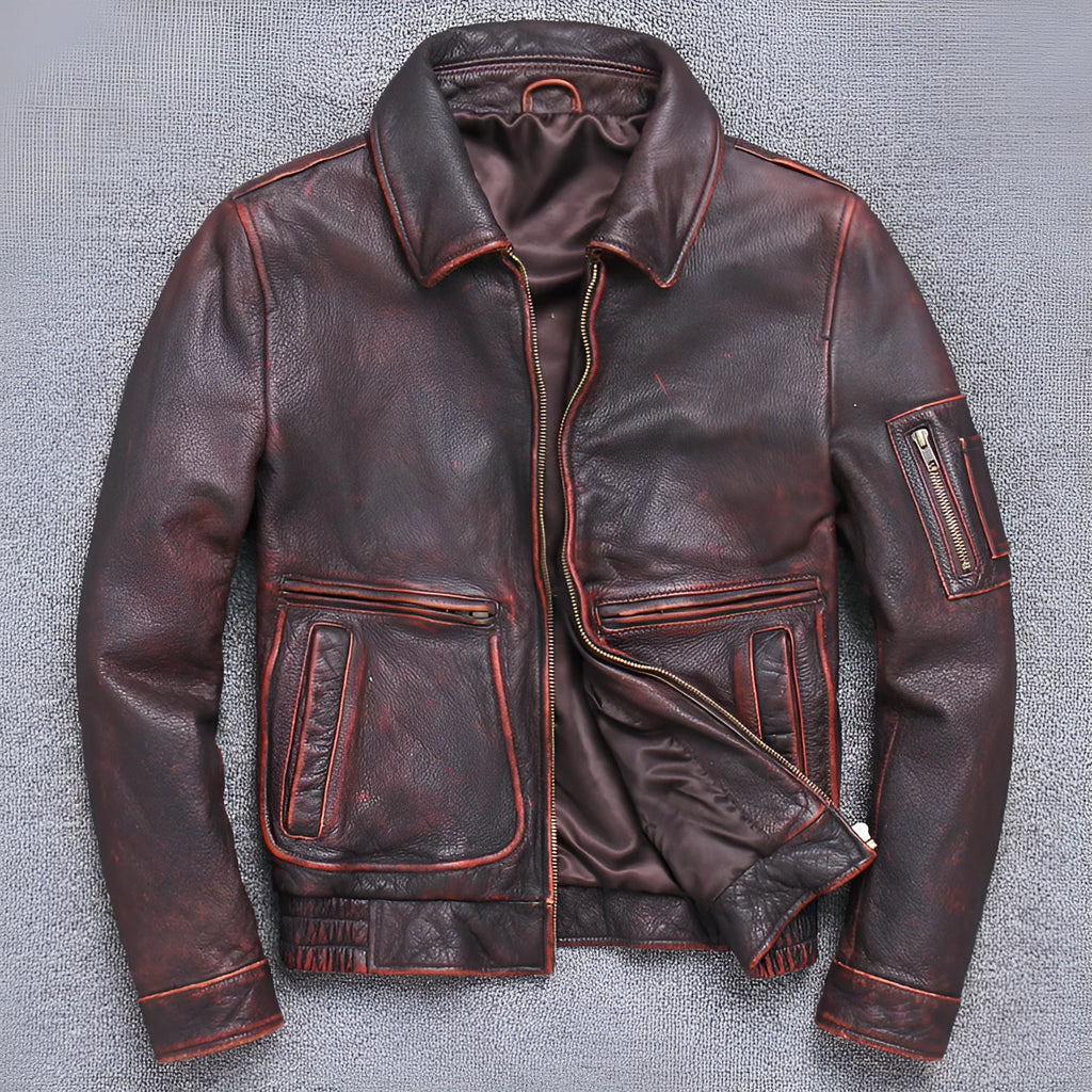 Thick cowhide leather casual jacket for men in American leisure style with lapel collar and ribbed hem