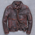 Thick cowhide leather casual jacket for men in American leisure style with lapel collar and ribbed hem