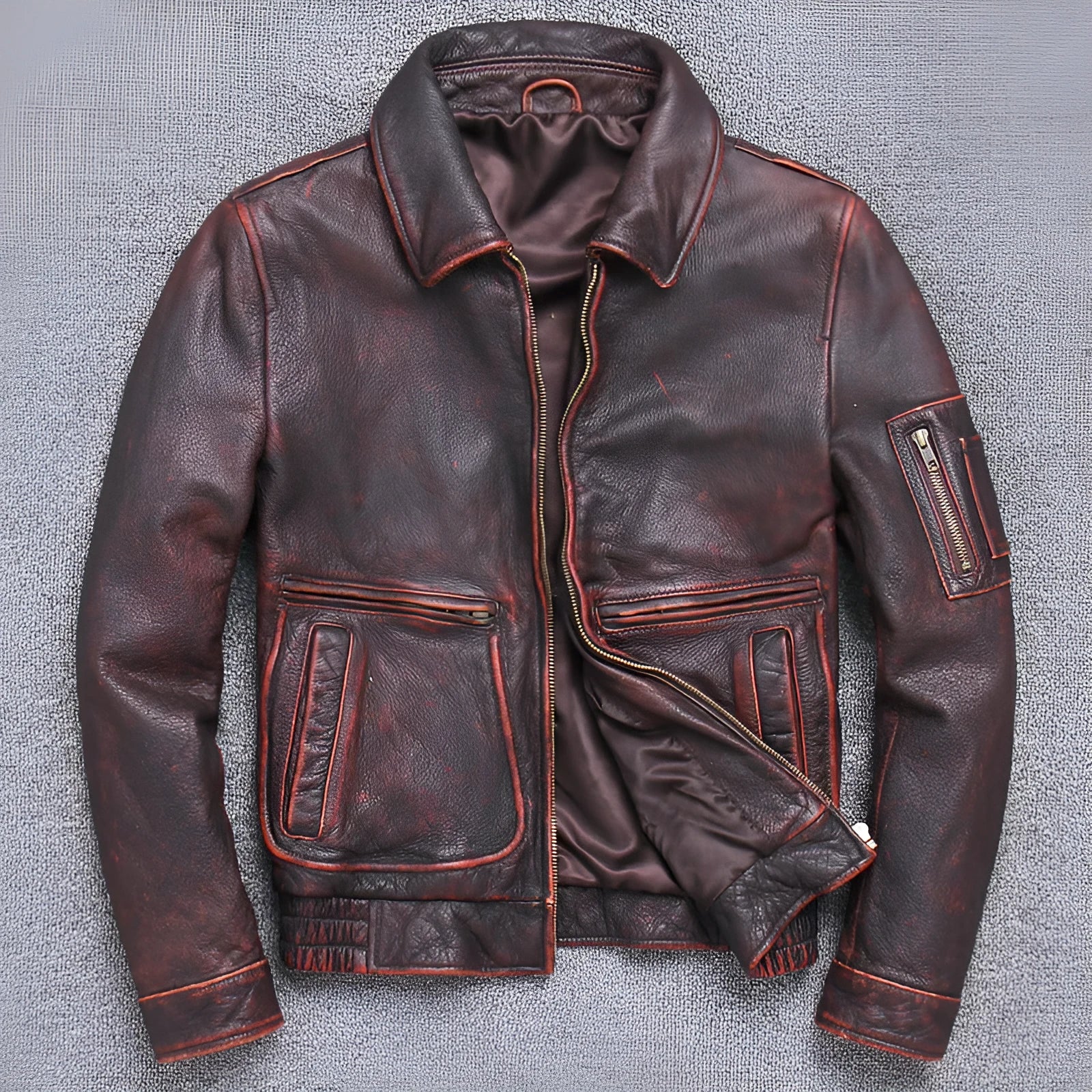 Thick cowhide leather casual jacket for men in American leisure style with lapel collar and ribbed hem