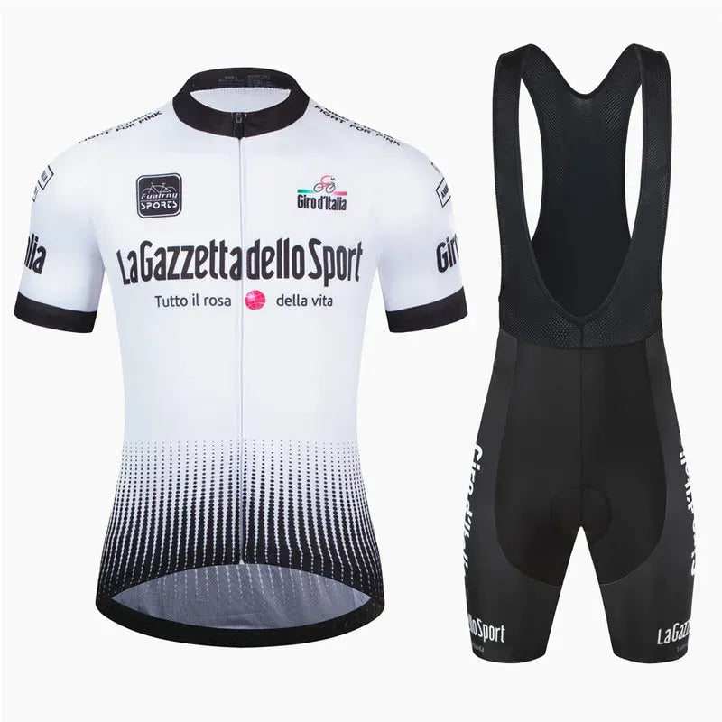 Short sleeve cycling jersey in a colour option, laid flat to show unisex cut and breathable polyester fabric.