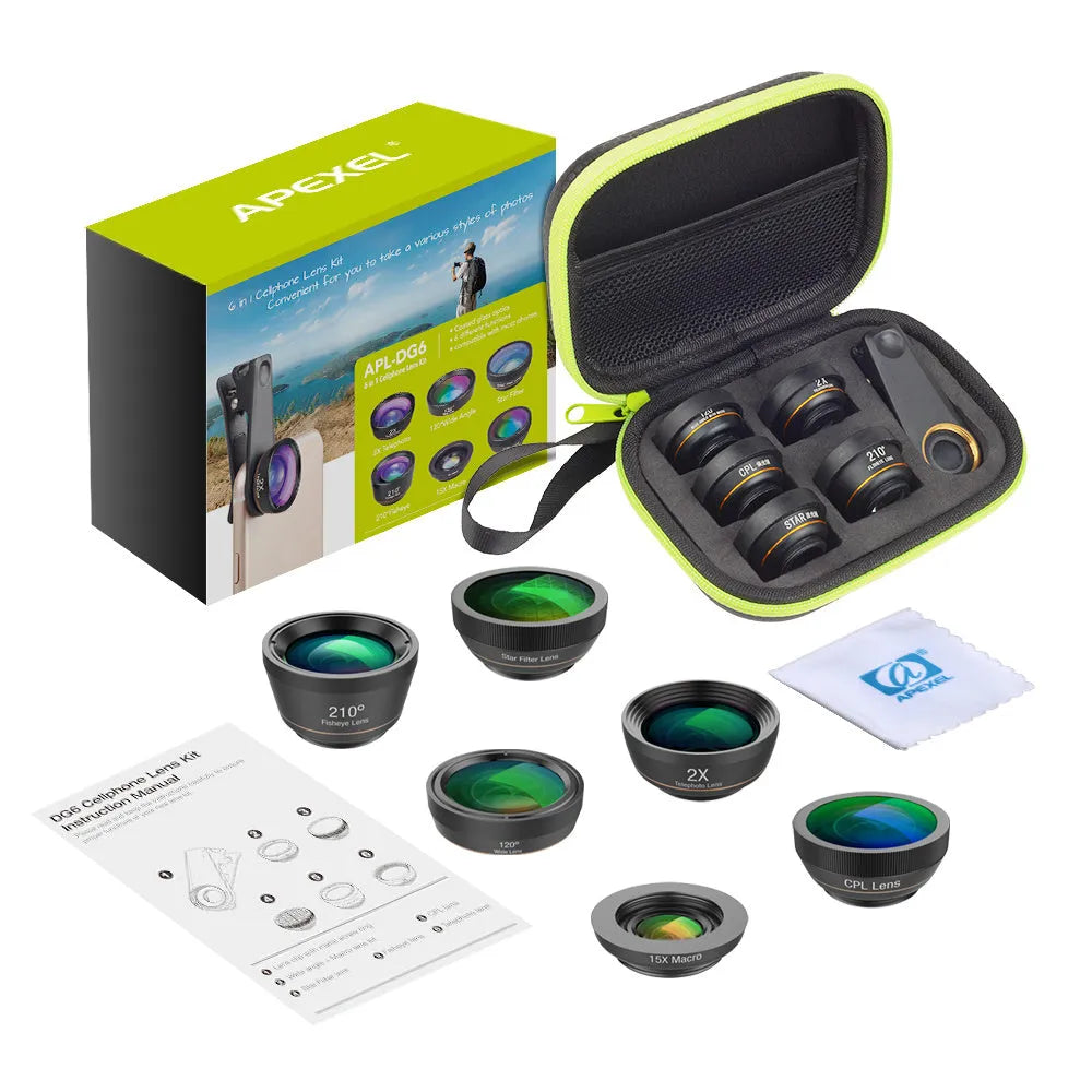 Black universal 6-in-1 mobile phone lens kit showing fisheye, macro, wide angle, telephoto, CPL and star filter lenses with clip.