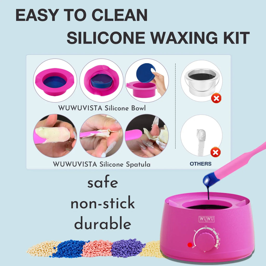 WUWUVISTA 63-piece waxing kit with black wax warmer, pots of wax beans, lotion, and applicator sticks on a pink background.