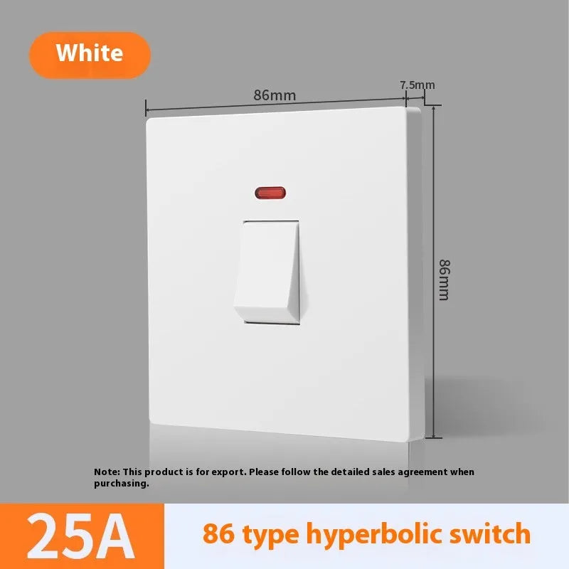 A white, high-current double-break electrical switch with a light panel indicator, shown alongside gold and grey colour variants.