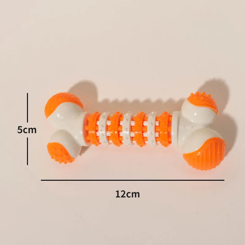 Small dog bone chew toy with treat dispenser centre in blue, orange and red colours