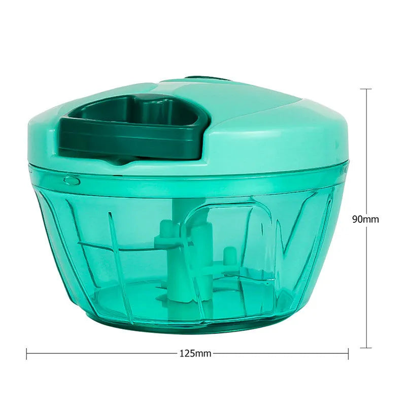 Manual kitchen chopper with green ABS container and stainless steel blades for herb and vegetable preparation