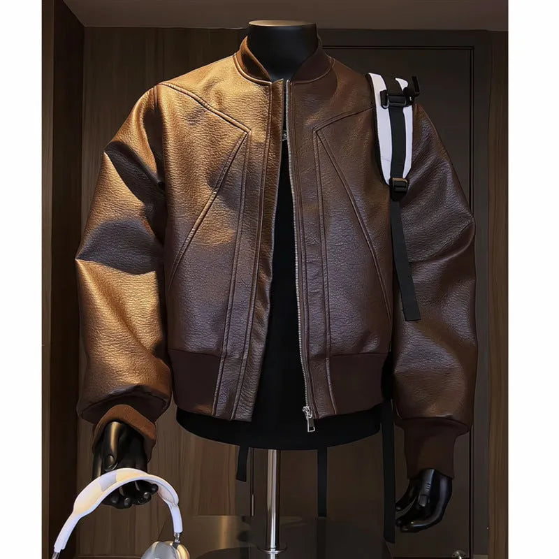 Men's extended length black PU leather jacket with litchi texture finish and business styling