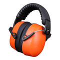 Orange head-mounted noise-cancelling earmuffs with an elastic headband on a grey background