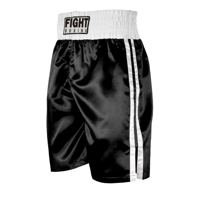 Boxing shorts for kick boxing training in various colour combinations like black and white striped, black and gold, and black and red.