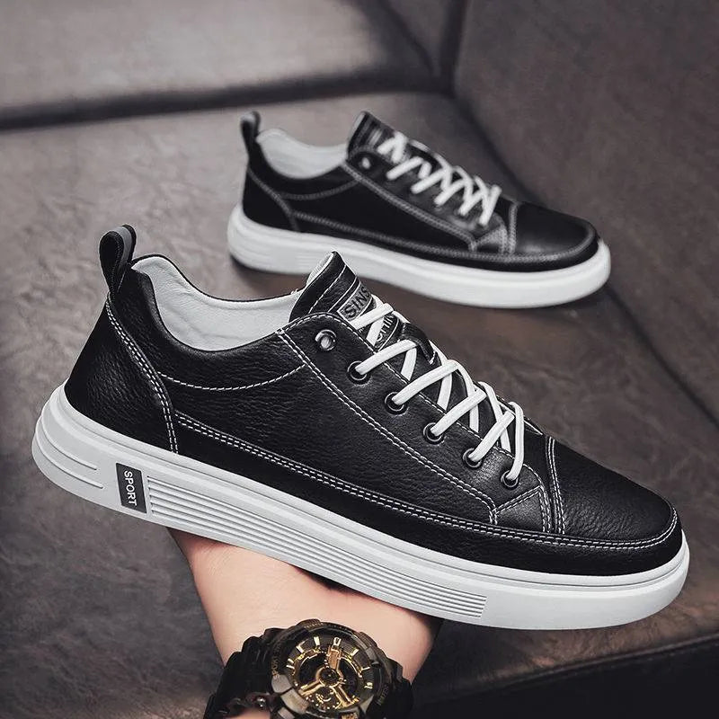 Men's white casual shoes with PU upper, round toe, flat sole, and shallow opening
