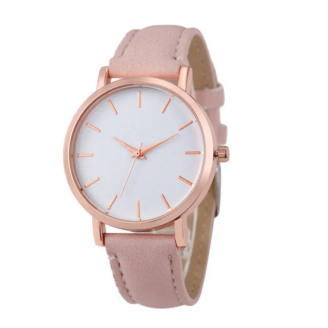 Square-faced quartz watch with a PU leather strap showing colour options on a white background.