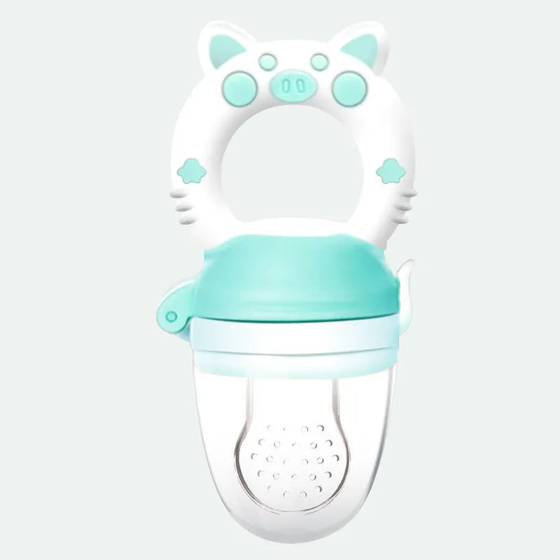 Soft silicone baby teether in blue, green, or pink colour options.