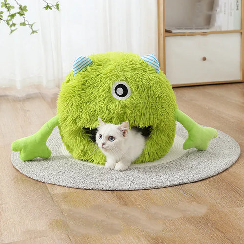 Round fluffy plush cat bed with a non-slip base, shown in three sizes.