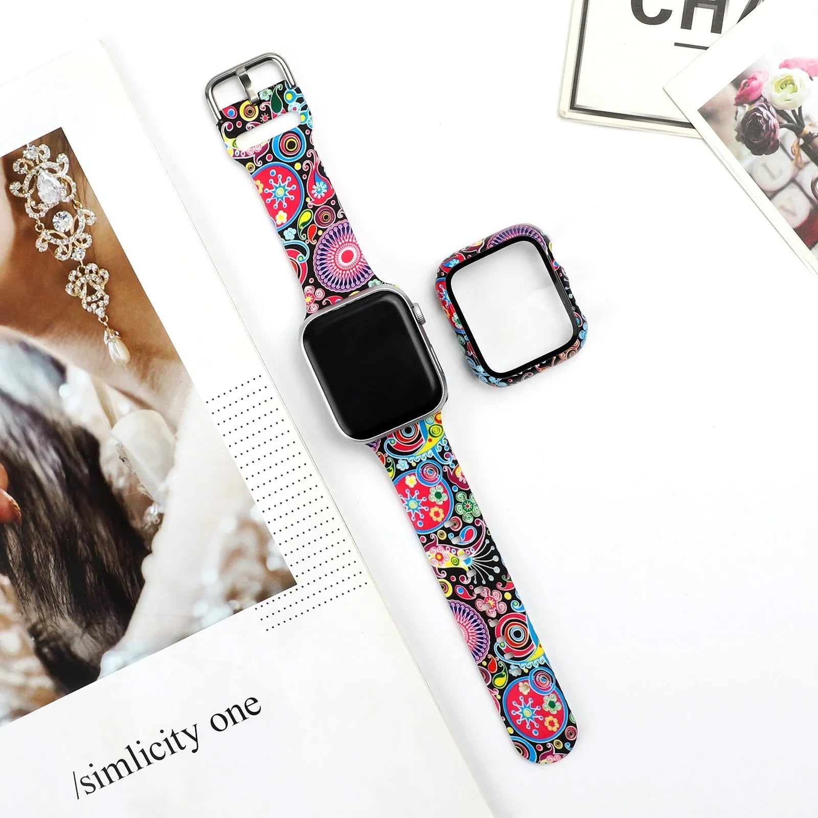 Printed silicone replacement watch strap for Apple Watch in multiple sizes and design styles