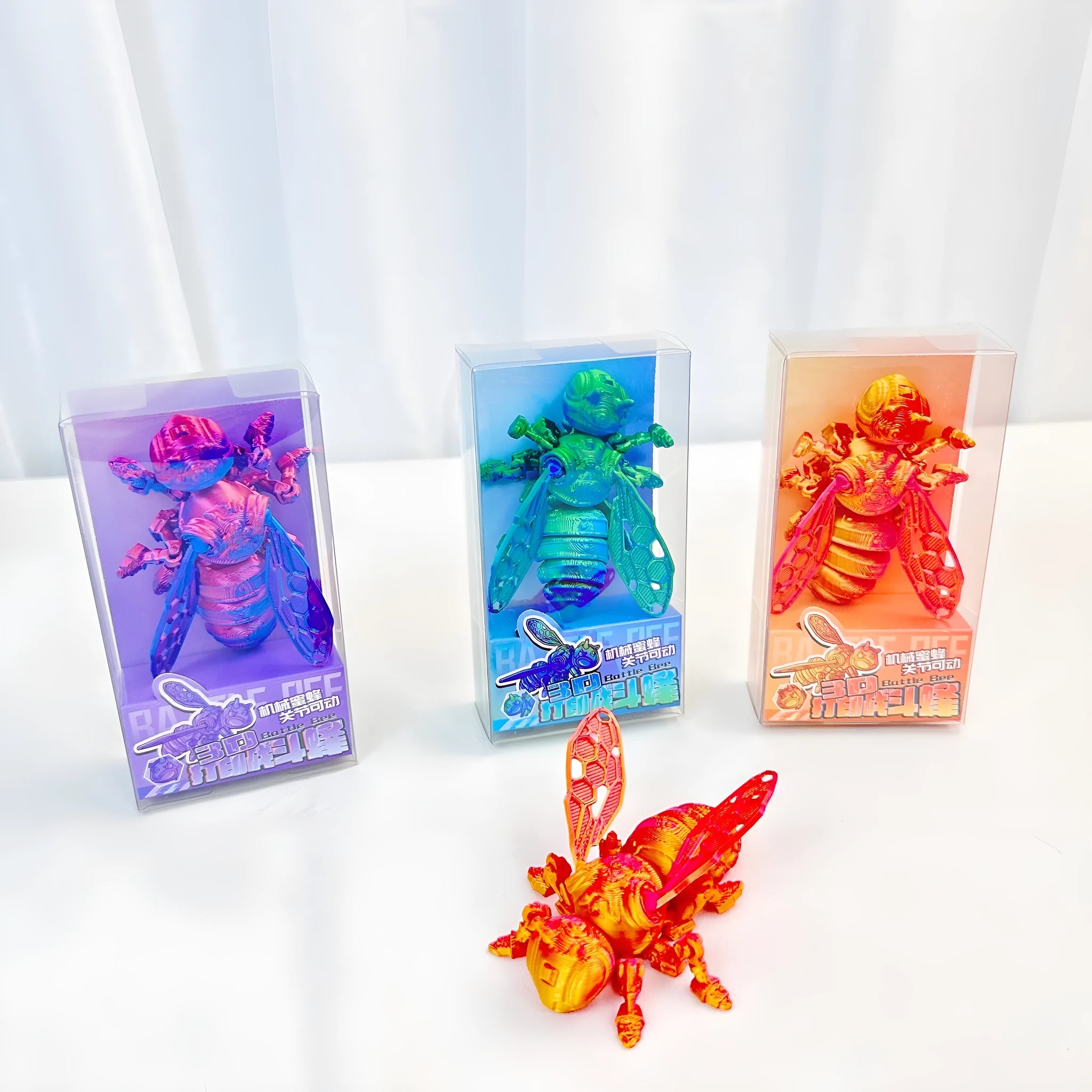 B3D printed battle bee action figure with movable joints on neutral background
