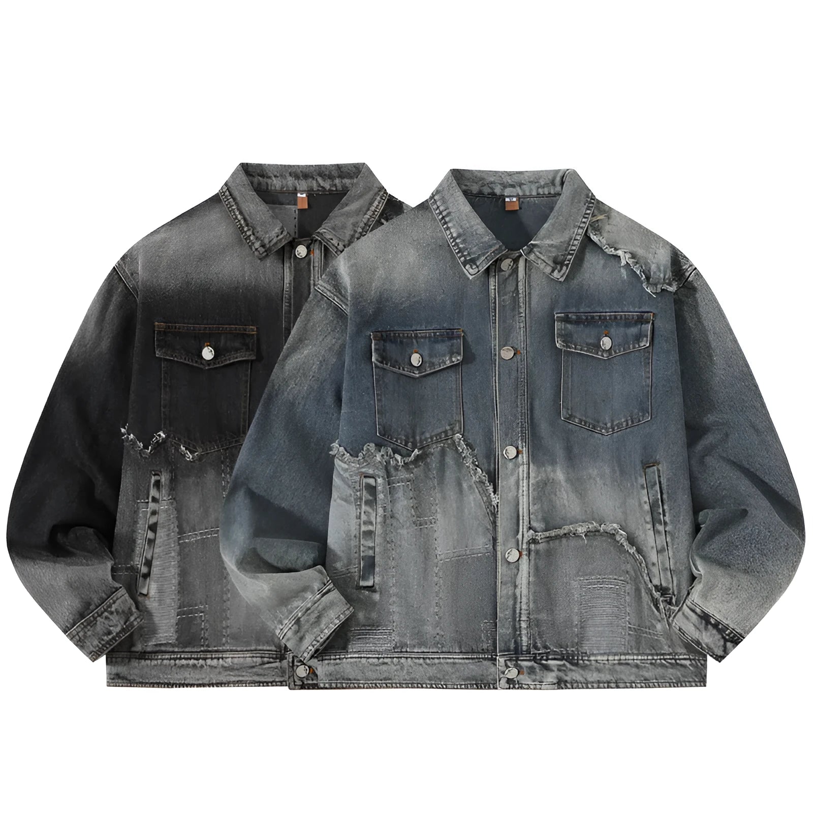 American retro high street washed destroyed denim jacket in black with side seam pockets