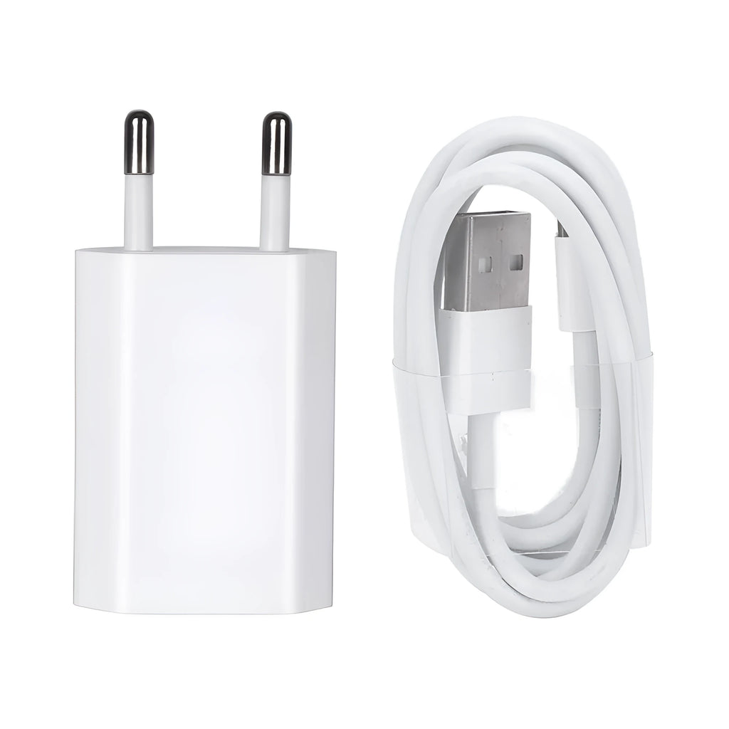 USB travel charger and cable set compatible with iPhone and iPad models showing multiple cable length options