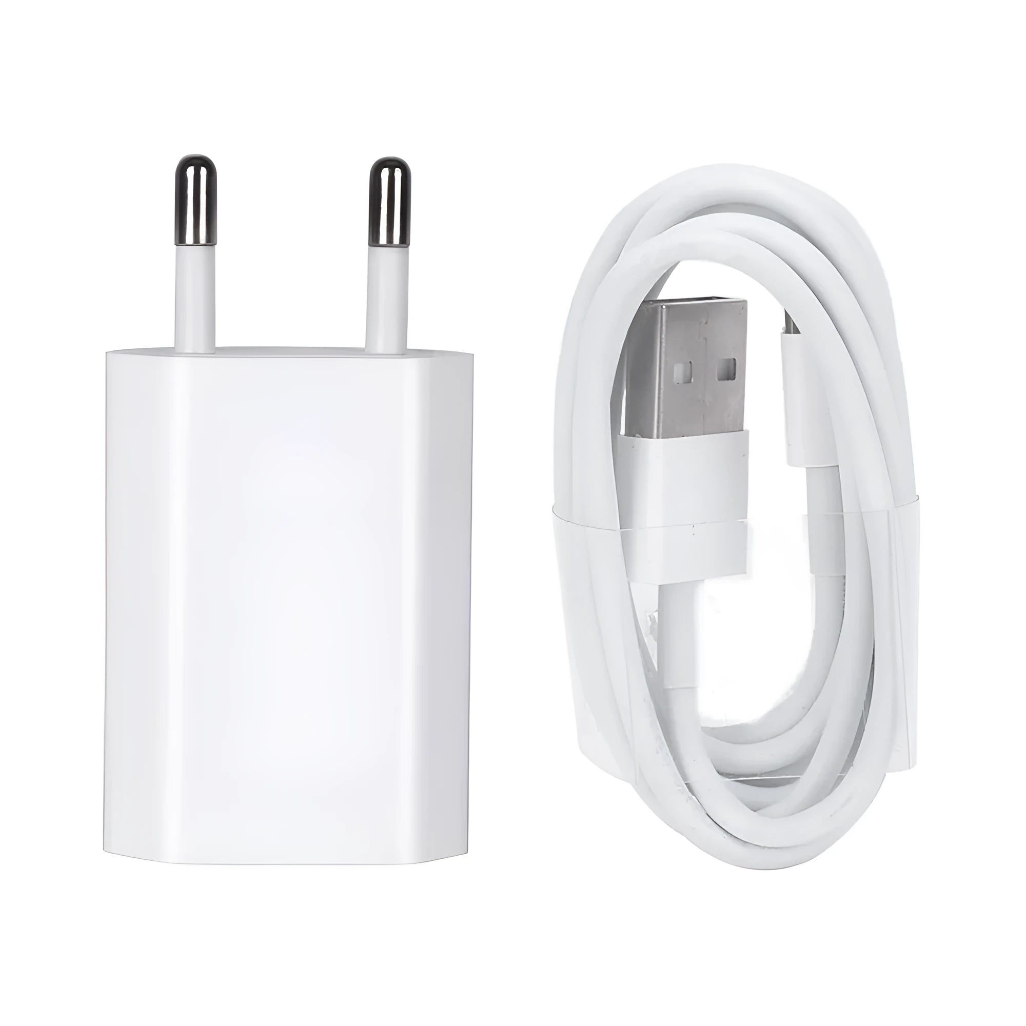 USB travel charger and cable set compatible with iPhone and iPad models showing multiple cable length options