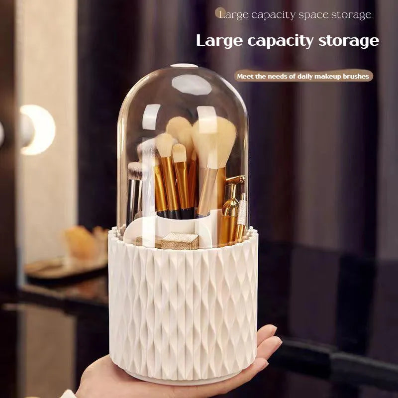 White rotating acrylic makeup brush storage box with transparent dustproof lid on dressing table