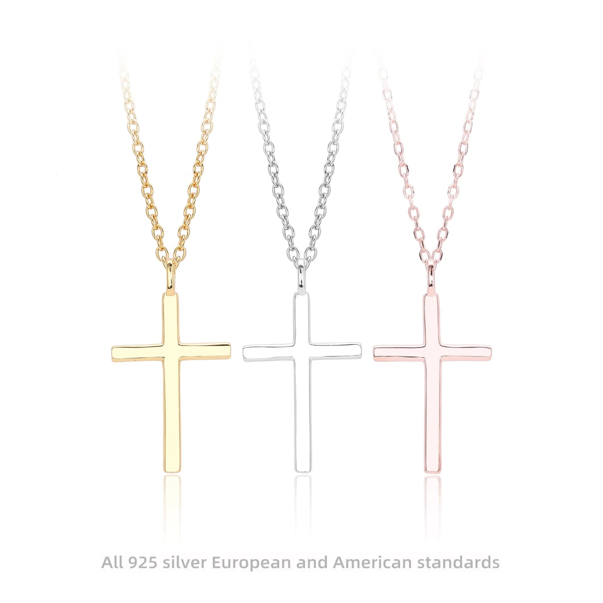 S925 sterling silver necklace showing simple glossy cross pendant on O-shaped chain in gold plating