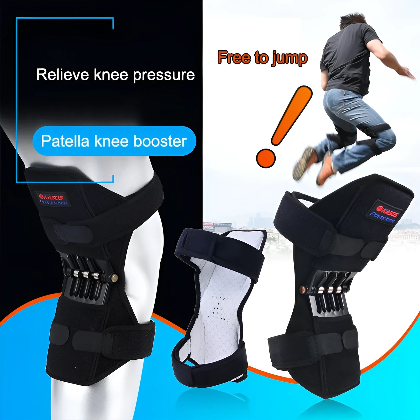 Adjustable black spring knee brace with straps and venting holes for sports support.