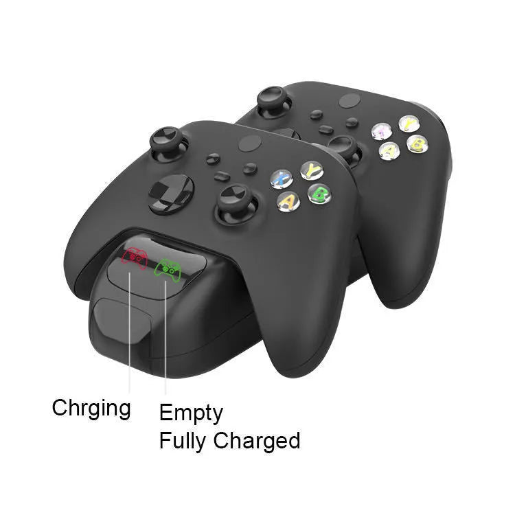Black wireless charging dock for two Xbox Series X controllers with LED lights