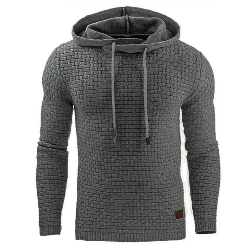 A man's plain hooded sweatshirt in a cotton-polyester blend, shown in multiple colour options.