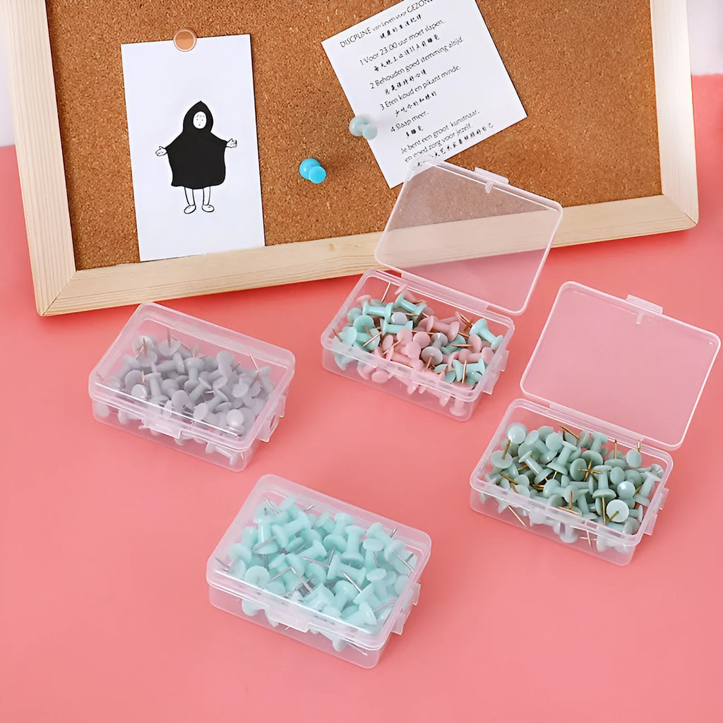 Set of 50 Morandi colour push pins in green and grey with star and button designs