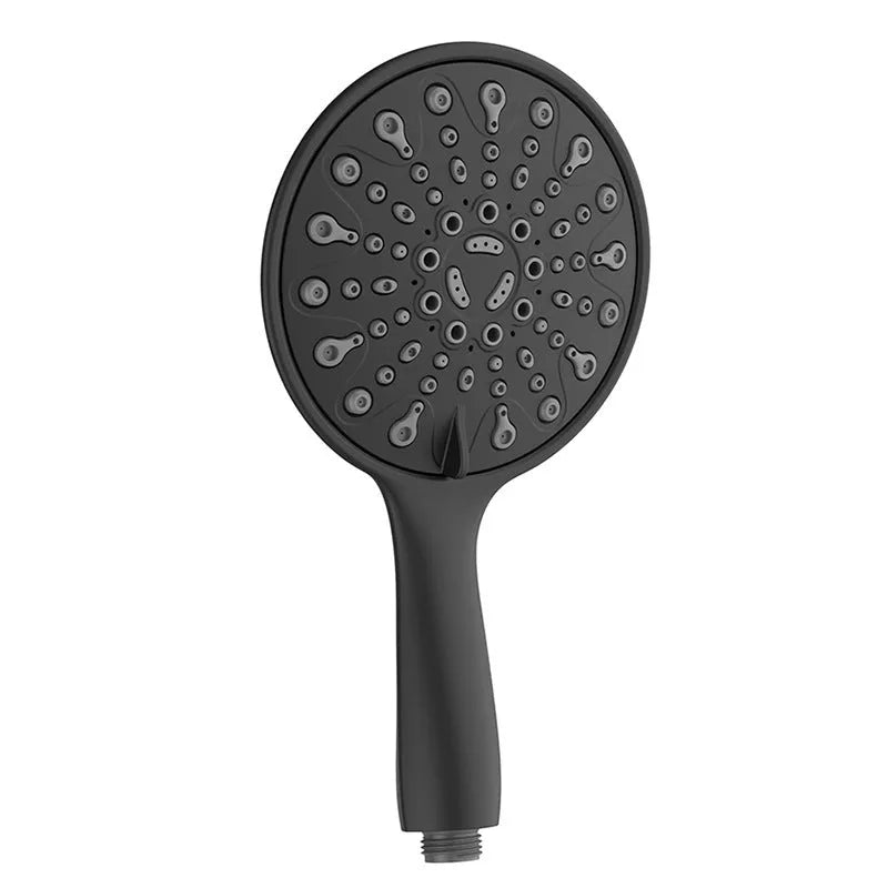 Portable handheld shower head with six function settings and an electroplated finish.