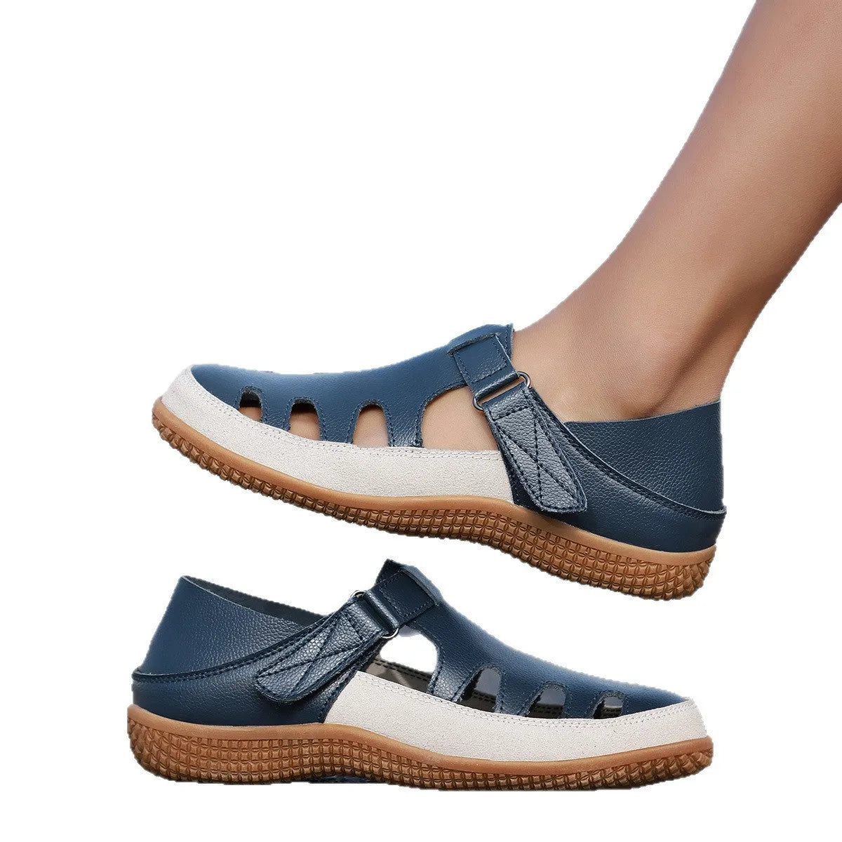 Plus size women's flat heel sandals with hollow breathable design in white red or blue