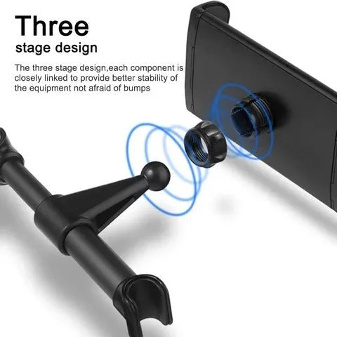 Black universal car phone holder mounted on vehicle rear seat base with tablet secured in snap-in mechanism