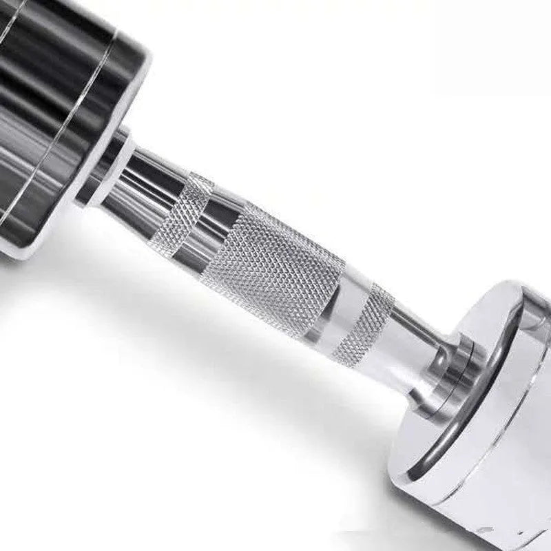 Silver pure steel electroplated dumbbell with ergonomic handle on a grey background