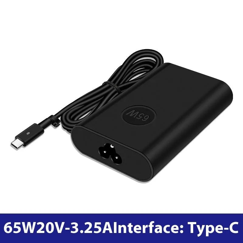 Black 65W Type-C laptop power adapter with multiple international power plugs