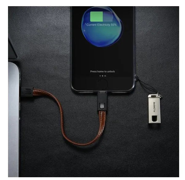 20cm leather USB C to Lightning charging cable for iPhone in red, black or brown colours with zinc alloy connectors
