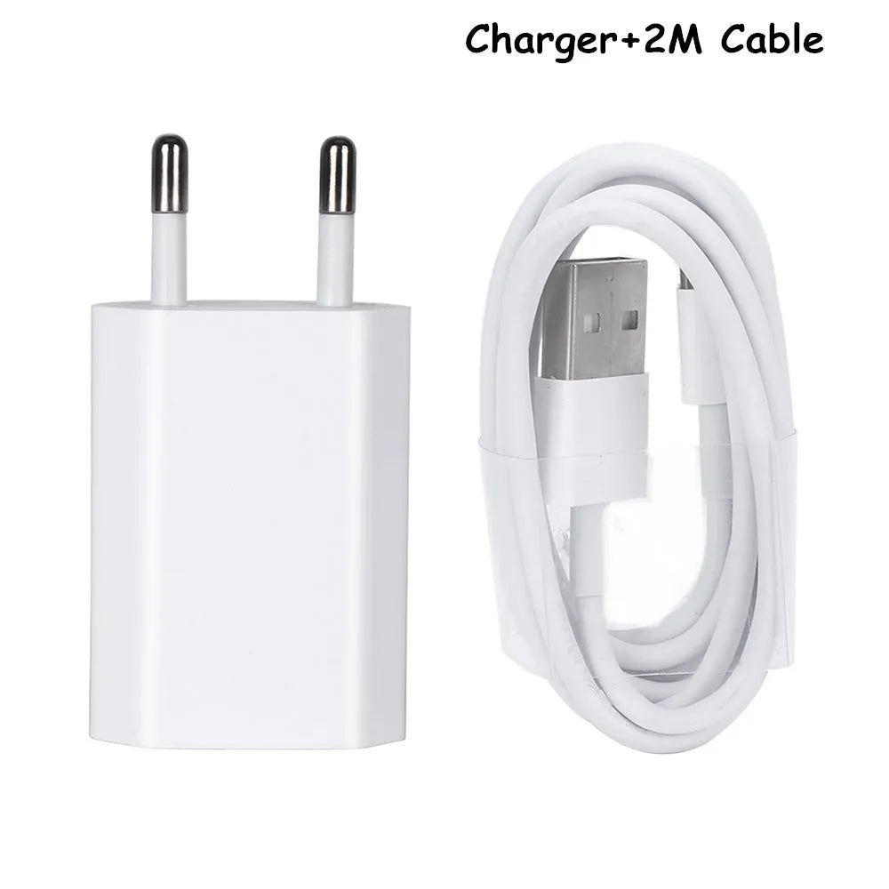 USB travel charger and cable set compatible with iPhone and iPad models showing multiple cable length options