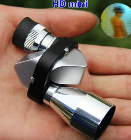 Aluminium alloy pocket monocular telescope with 8x20mm lenses, folded rubber eye cup, and canvas carry bag.