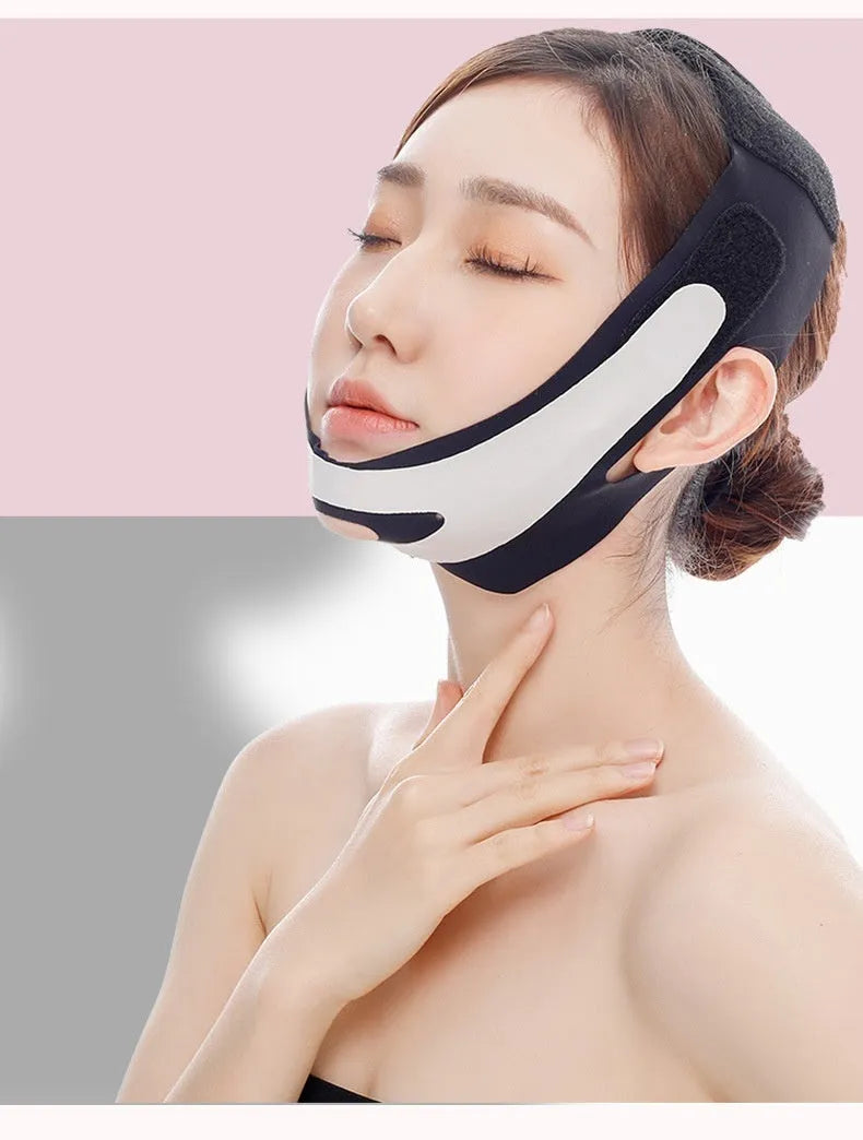 Pink elastic V-shaped face bandage for facial contouring and slimming support