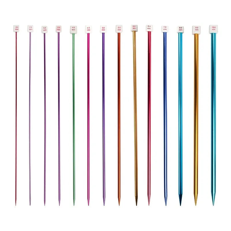 Set of crochet hooks in various sizes from 2.0mm to 10.0mm, each with a protective cap on a lengthened handle.