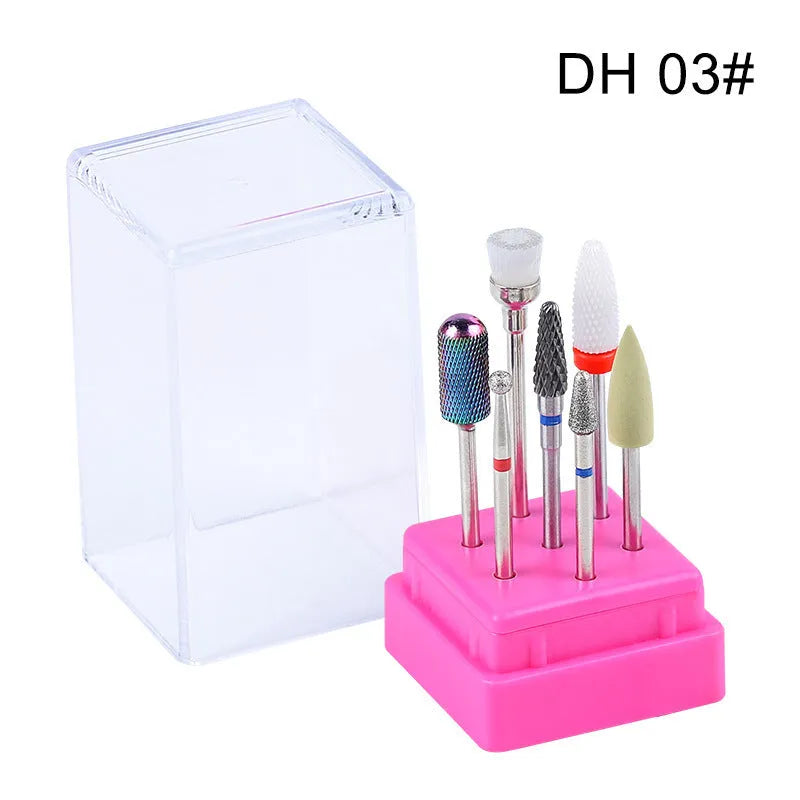 Tungsten steel nail drill bit set with 7 pieces including bits and brush in a clear case.