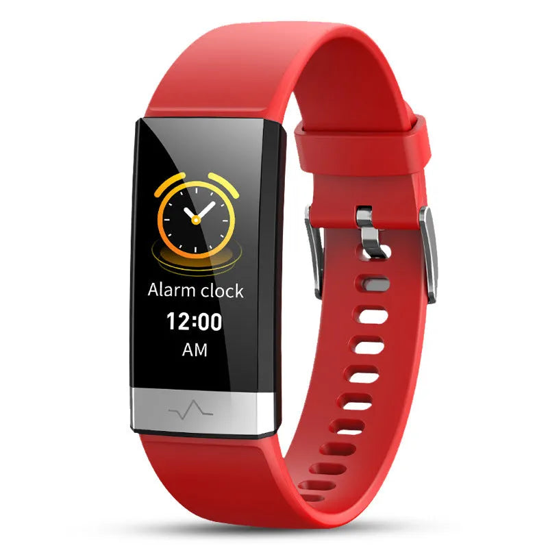 V19 smart bracelet fitness tracker with colour display shown in black, blue, and red colour options