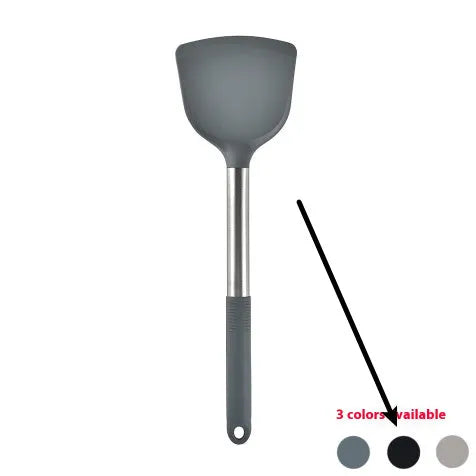 Black silicone 12-piece kitchen utensil set with rotating storage bucket including ladle, spatula, and food clip.